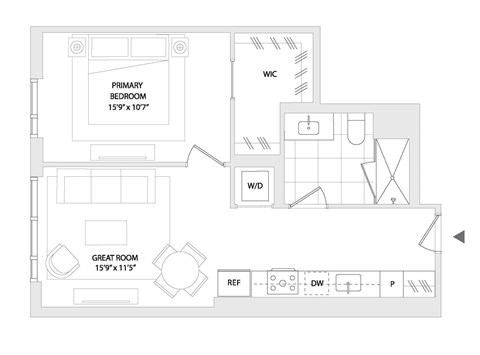 Floor plan for 1 bed, 1 bath, 654 sqft